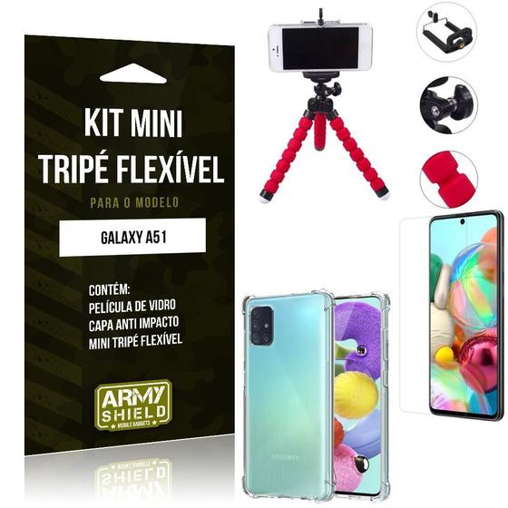 Imagem de Kit Mini Tripé Flexível Galaxy A51 Tripé + Capinha Anti Impacto + Película de Vidro - Armyshield