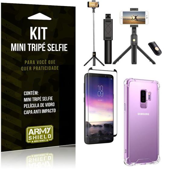 Imagem de Kit Mini Tripé Selfie Galaxy S9 Plus + Capa Anti + Película Vidro - Armyshield