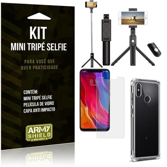 Imagem de Kit Mini Tripé Selfie Mi 8 Pro+Capa Anti+Película Vidro