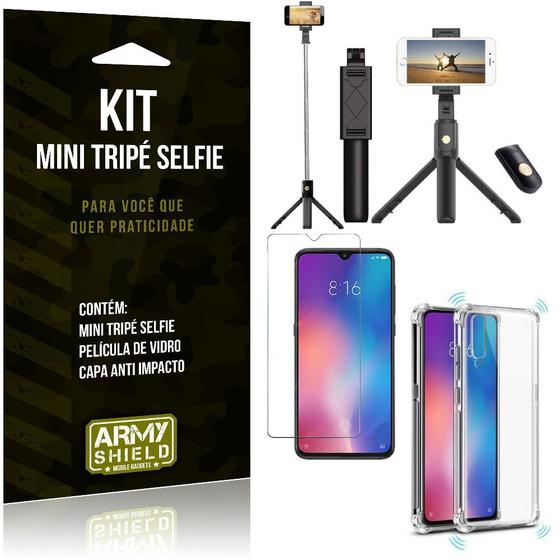 Imagem de Kit Mini Tripé Selfie Mi 9 + Capa Anti + Película Vidro - Armyshield