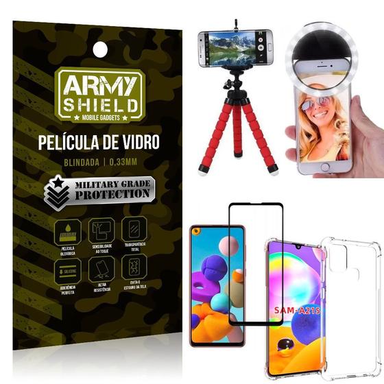 Imagem de Kit Mini Tripé + Selfie Ring Light Galaxy A21s + Capa Anti Impacto + Película Vidro 3D