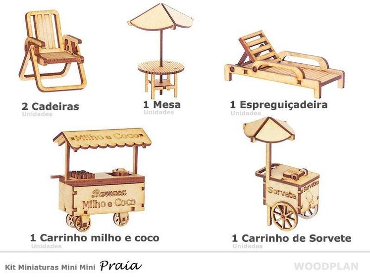 Imagem de Kit Miniatura Praia 6 Peças Espreguiçadeira Carrinho Mdf