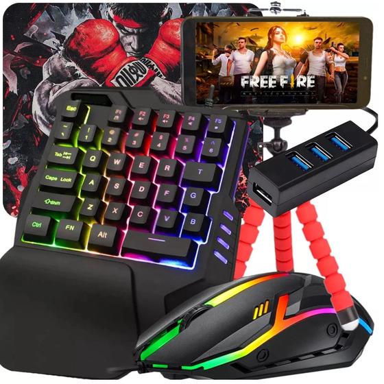 Imagem de Kit Mobilador Gamer Completo Teclado One Hand Uma Mão Mouse Mousepad Suporte Para Celular