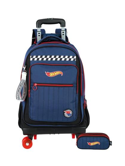 Imagem de Kit Mochila 2Em1 Roda + Estojo Triplo Luxo Hotwheels - Azul