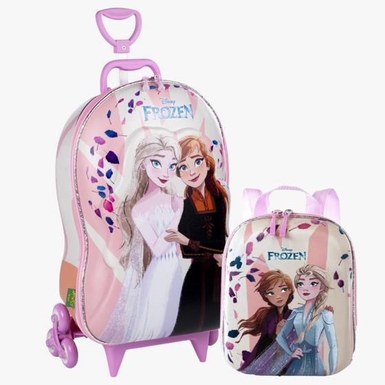 Imagem de Kit Mochila 3d De Rodinhas Elsa E Anna + Lancheira Frozen Rosa Escolar Viagem - MAXTOY