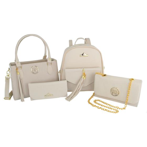 Kit Mochila + Bolsa + Bolsinha Tiracolo + Carteira Menor preço em Kit Mochila + Bolsa + Bolsinha Tiracolo + Carteira