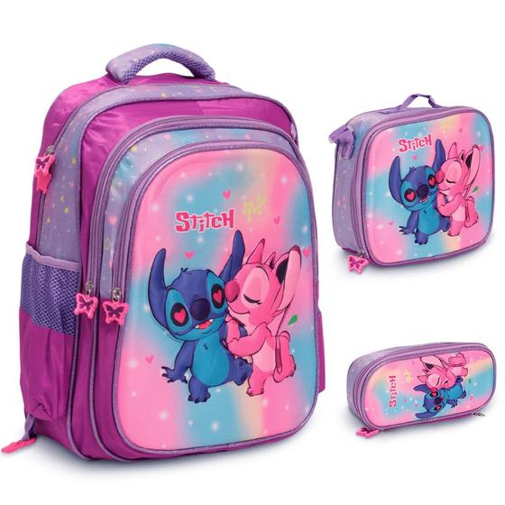 Imagem de Kit Mochila Bolsa Stitch Rosa Alça Costas Reforçada 3 Pçs