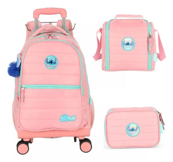 Imagem de Kit Mochila Carrinho 360 Haste Dupla Porta Notebook Stitch Rosa