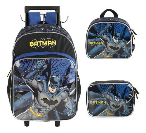 Imagem de Kit Mochila Carrinho Com Alça Lancheira E Estojo Batman