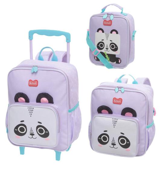 Imagem de Kit Mochila Carrinho e Costa com Lancheira térmica Kouii Filhotiis Panda Pandi