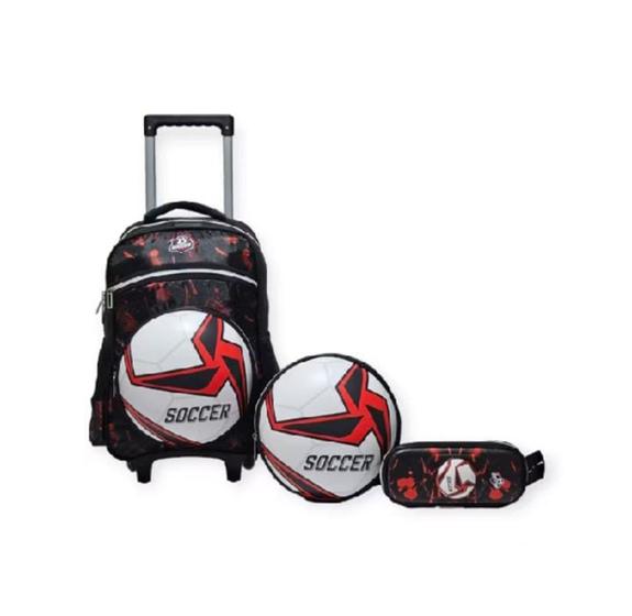 Imagem de Kit mochila carrinho escolar 3D bola de futebol Soccer+lancheira e estojo mega 