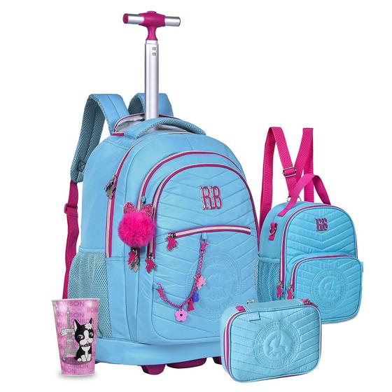 Imagem de Kit Mochila Carrinho Estojo Lancheira Soft Rebecca Bonbon com Copo Oficial RB Lançamento Meninas