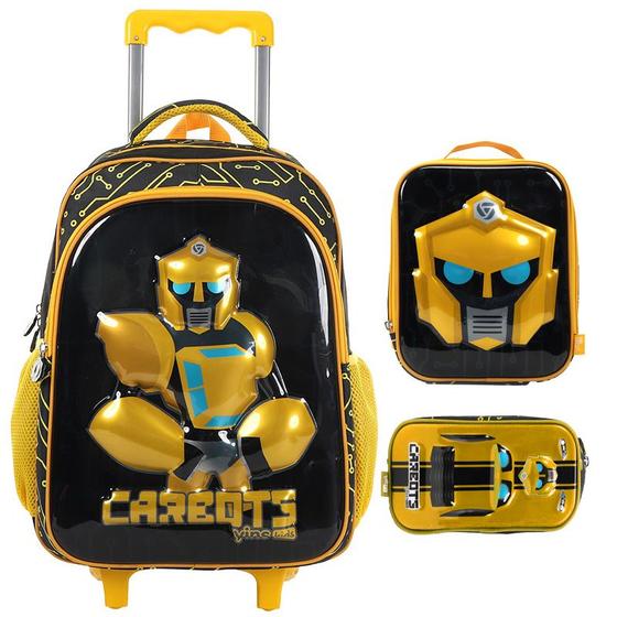 Imagem de Kit mochila carrinho infantil 17", lancheira térmica e estojo escolar Carbots Yins
