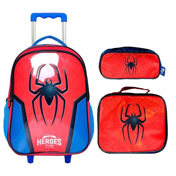 Imagem de Kit mochila carrinho infantil 2 em 1 17", lancheira térmica e estojo escolar Heroes Spidermax Yins