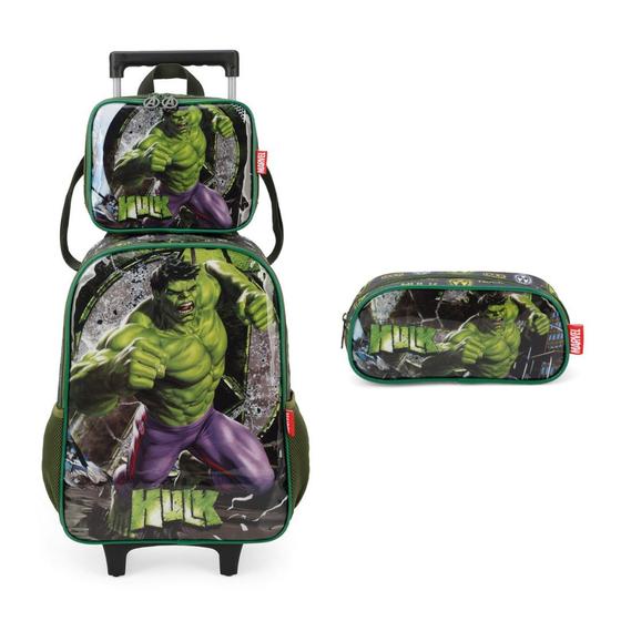 Imagem de Kit Mochila Carrinho + Lancheira + Estojo Hulk Luxcel