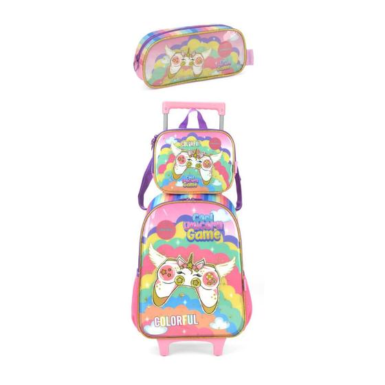 Imagem de Kit Mochila carrinho Menina Unicorn Game + Estojo + Lancheira Luxcel