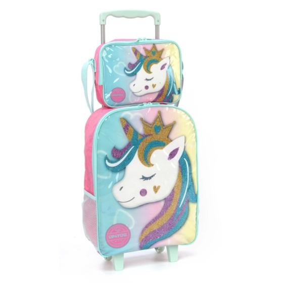 Imagem de Kit Mochila Carrinho Unicornio + Lancheira + Estojo Luxcel