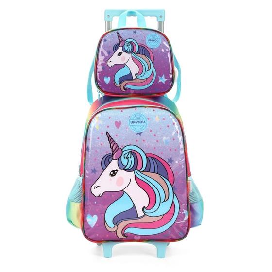 Imagem de Kit Mochila Carrinho Unicornio Up4you + lancheira Menina