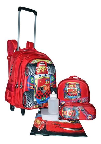 Imagem de Kit Mochila Carros 3D Infantil Meninos Rodinhas Lancheira Es