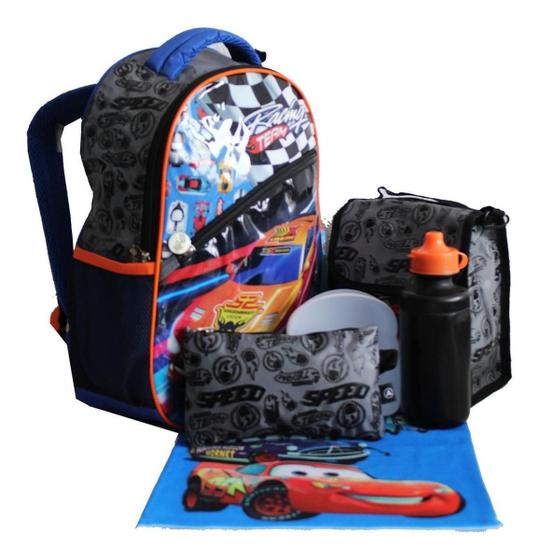 Imagem de Kit Mochila Carros Infantil Masculina Lancheira Costas