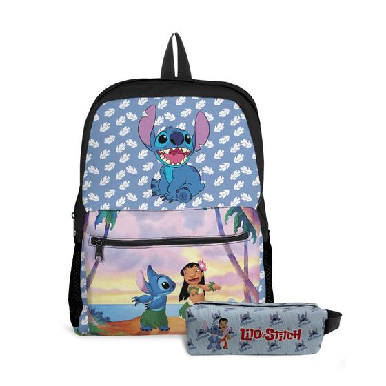 Imagem de  Kit Mochila com Bolso e Estojo Escolar Infantil Lilo e Stitch Menina 