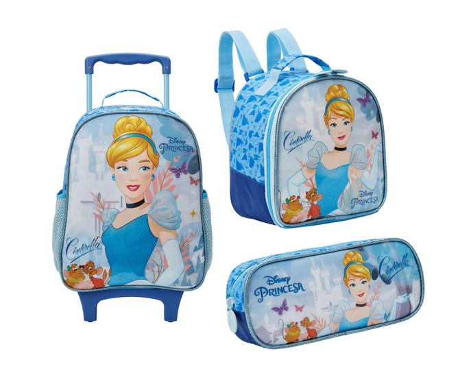 Imagem de Kit Mochila Com Carrinho e Rodas com Lancheira e Estojo Cinderela