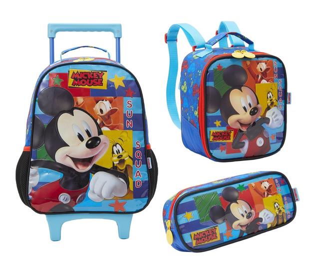 Imagem de Kit Mochila Com Carrinho e Rodas com Lancheira e Estojo Mickey Mouse