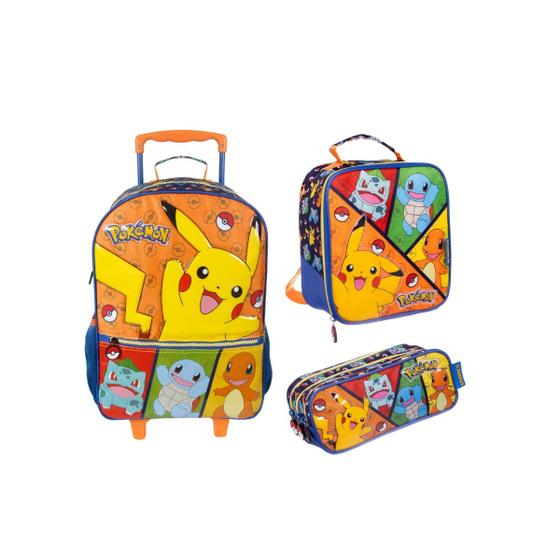 Imagem de Kit Mochila Com Carrinho e Rodas com Lancheira e Estojo Pokemon