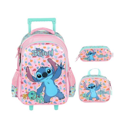 Imagem de Kit Mochila Com Carrinho Estojo E Lancheira Stitch Rosa