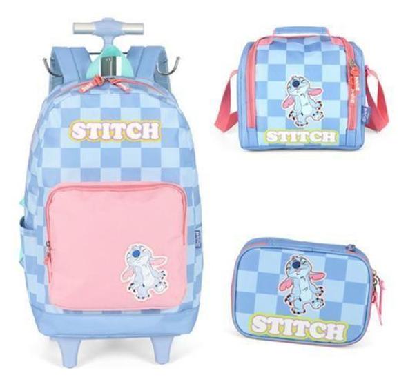 Imagem de Kit Mochila Com Carrinho Lancheira Estojo Stitch - Luxcel