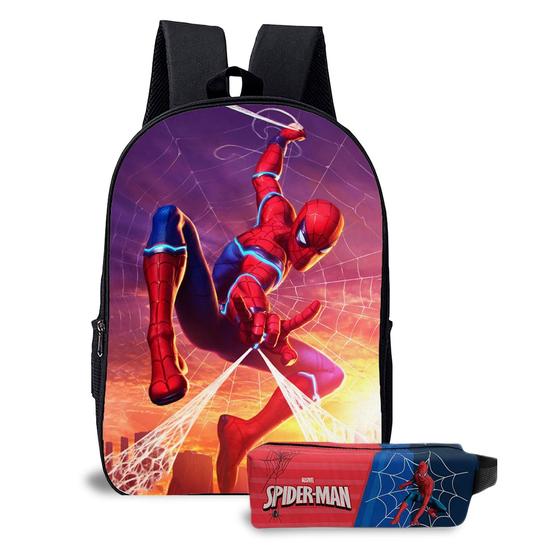 Imagem de Kit Mochila com Estojo Escolar Infantil do Homem Aranha Menino 