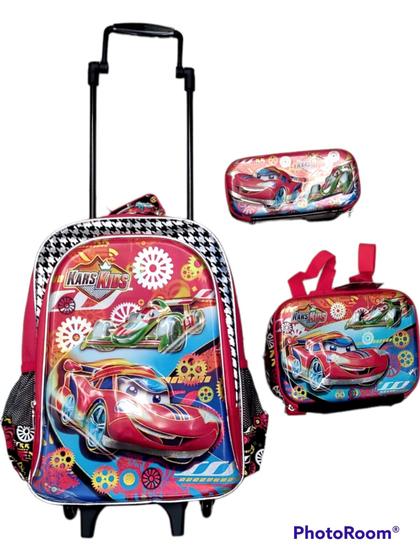Imagem de Kit Mochila com Rodas Carros estilo MACQUEEN  com Lancheira e Estojo