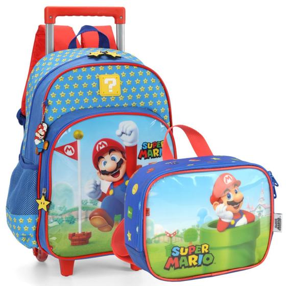 Imagem de Kit Mochila Com Rodas E Lancheira Termica Menino Super Mario