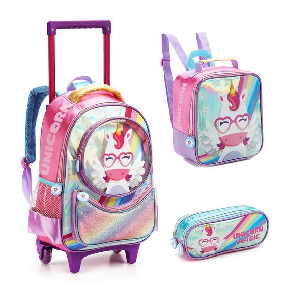 Imagem de Kit Mochila Com Rodinha Infantil Menina Unicórnio Magic