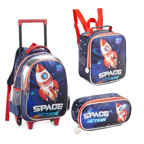 Imagem de Kit Mochila Com Rodinhas 3 PEÇAS mochila lancheira e estojo Infantil Foguete Astronauta