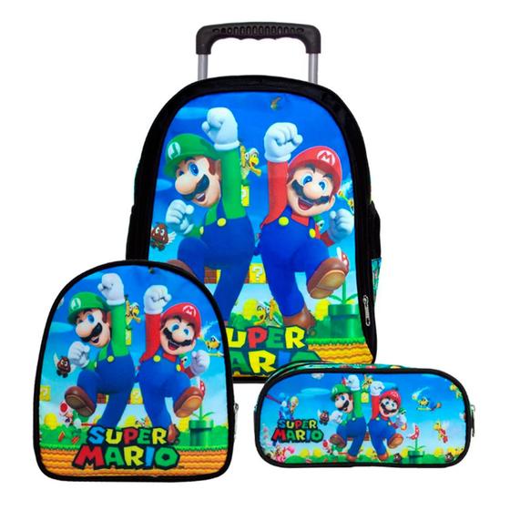 Imagem de Kit Mochila com Rodinhas Mario Bros + Lancheira Térmica + Estojo Escolar