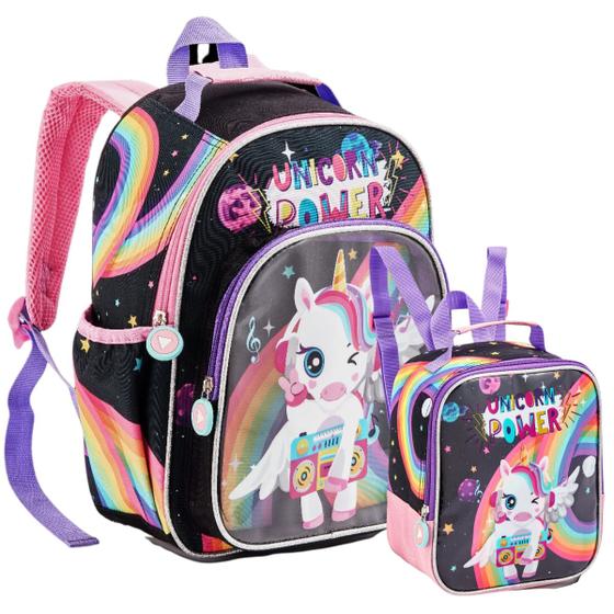 Imagem de Kit Mochila Costa Escolar Resistente Lancheira Térmica Reforçada Unicornio Fofo Arco iris