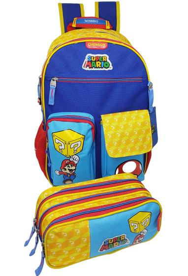 Imagem de Kit Mochila Costa Escolar Super Mario Grande + Estojo Triplo 03 Ziper Original Chenson