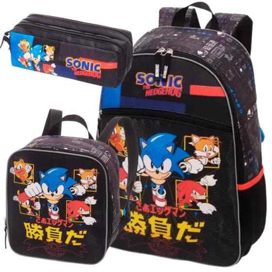 Imagem de Kit Mochila Costa Lancheira Estojo Duplo Escolar Infantil Menino Sonic Tails Go Fast