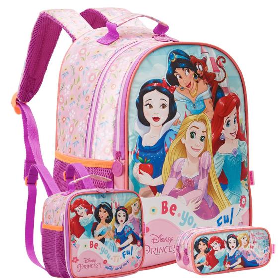 Imagem de Kit Mochila Costas 16" Princesas Lancheira E Estojo Escolar