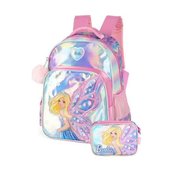 Imagem de Kit Mochila Costas Barbie Com Estojo Box Holográfico - Rosa