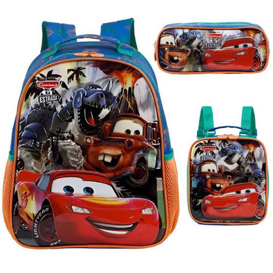 Imagem de Kit Mochila Costas Carros Na Estrada +Lancheira+Estojo Duplo