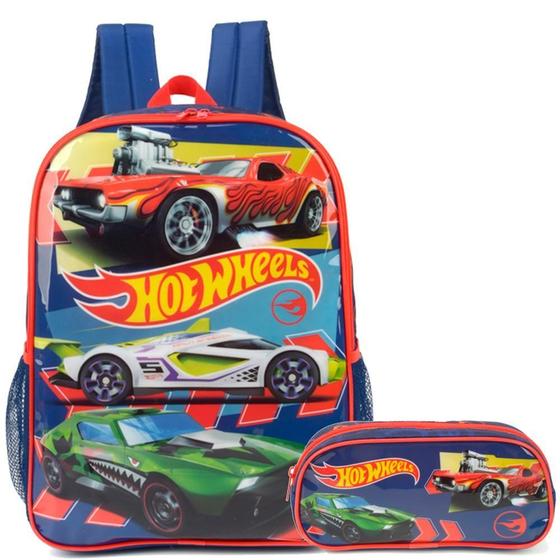 Imagem de Kit Mochila Costas E Estojo Hot Wheels Vermelha Escolar