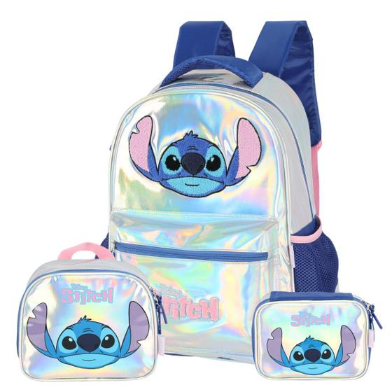 Imagem de Kit Mochila Costas Holográfica Stitch Lancheira e Estojo Box