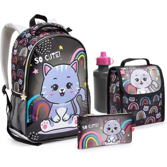 Imagem de Kit Mochila Costas Lancheira Estojo Garrafa Escolar Gatinho