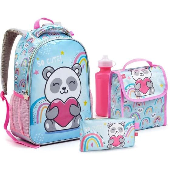 Imagem de Kit Mochila Costas Lancheira Estojo Garrafa Escolar Panda