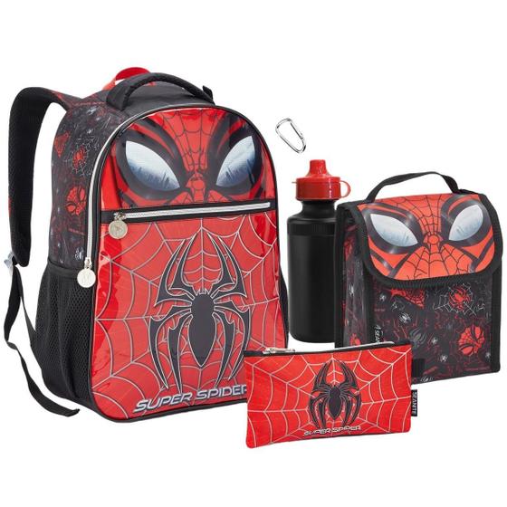 Imagem de Kit Mochila Costas Lancheira Estojo Garrafa Homem Aranha