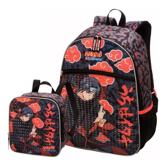 Imagem de Kit Mochila Costas Lancheira Naruto Shippuden Itachi Preta