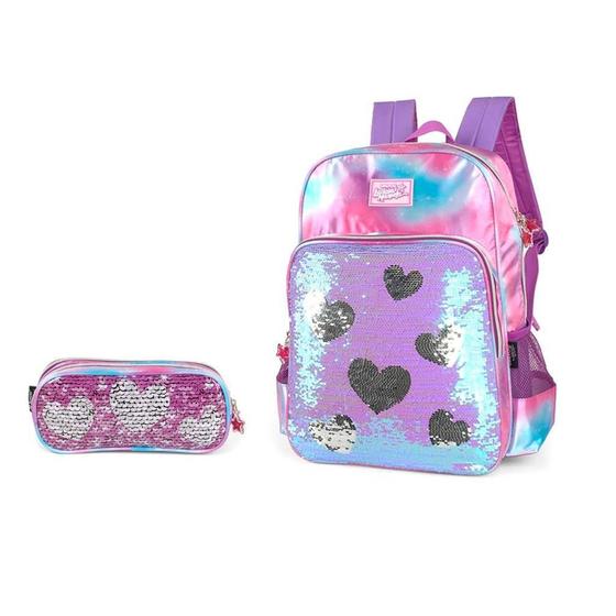 Imagem de Kit Mochila Costas Roxo Paetê + Estojo Duplo Larissa Manoela