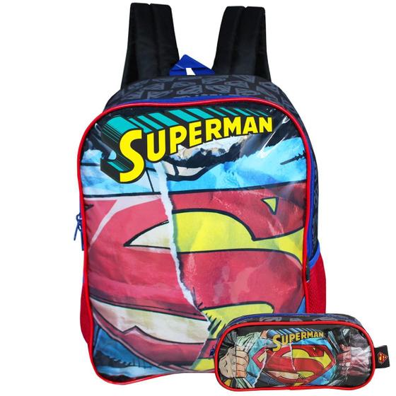 Imagem de Kit Mochila De Alças Superman Com Estojo Infantil Escolar